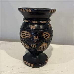 Handcrafted Small Black Wood Vase Tribal Carved African Style